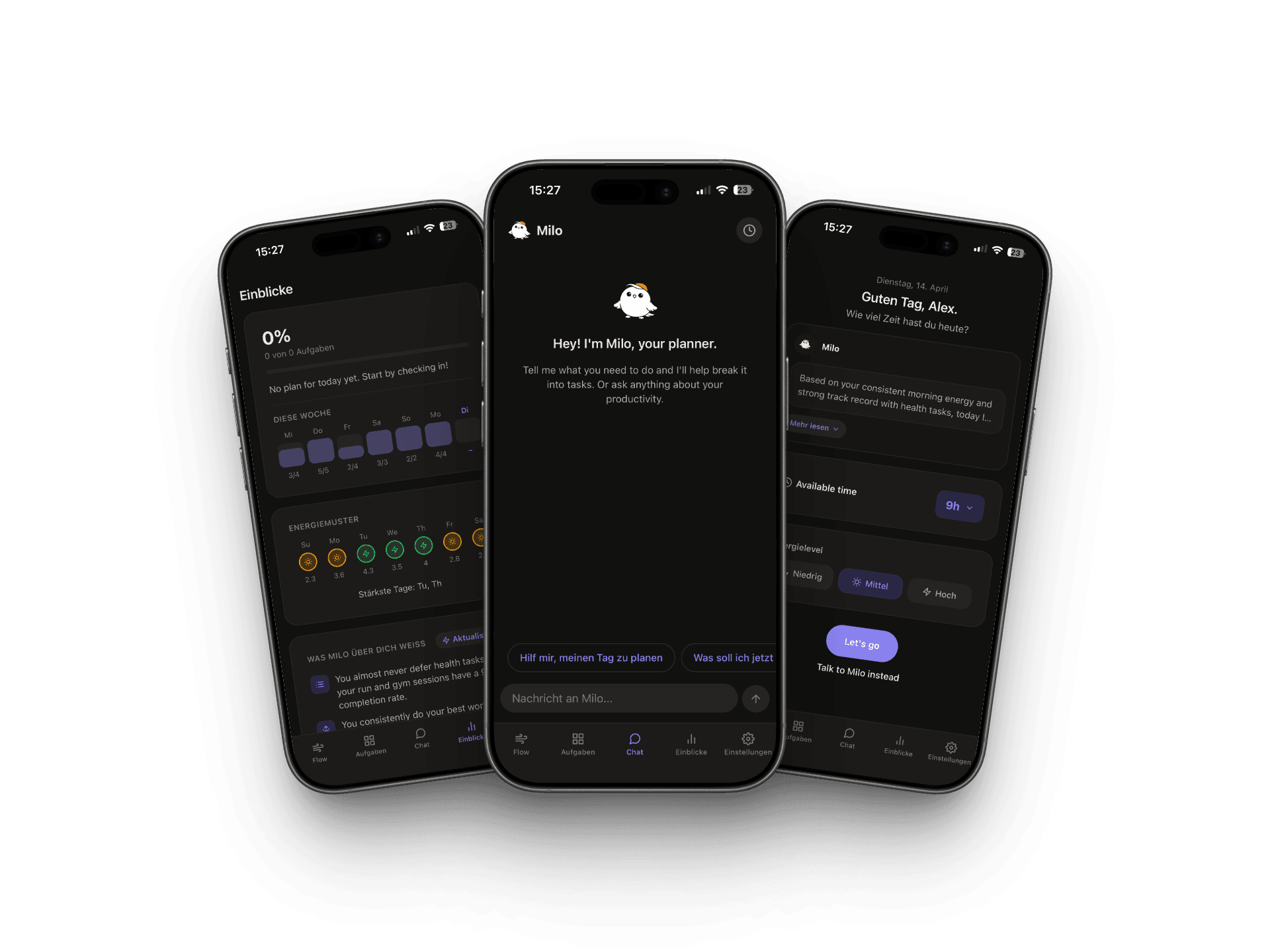 Milo app screens — Flow, Chat, and Check-in